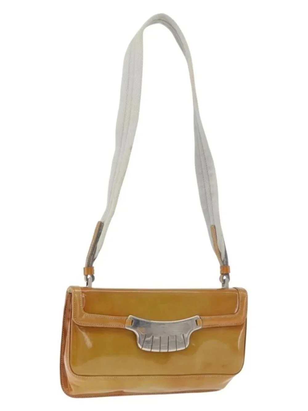 PRADA Shoulder Bag Patent leather Yellow Silver Auth